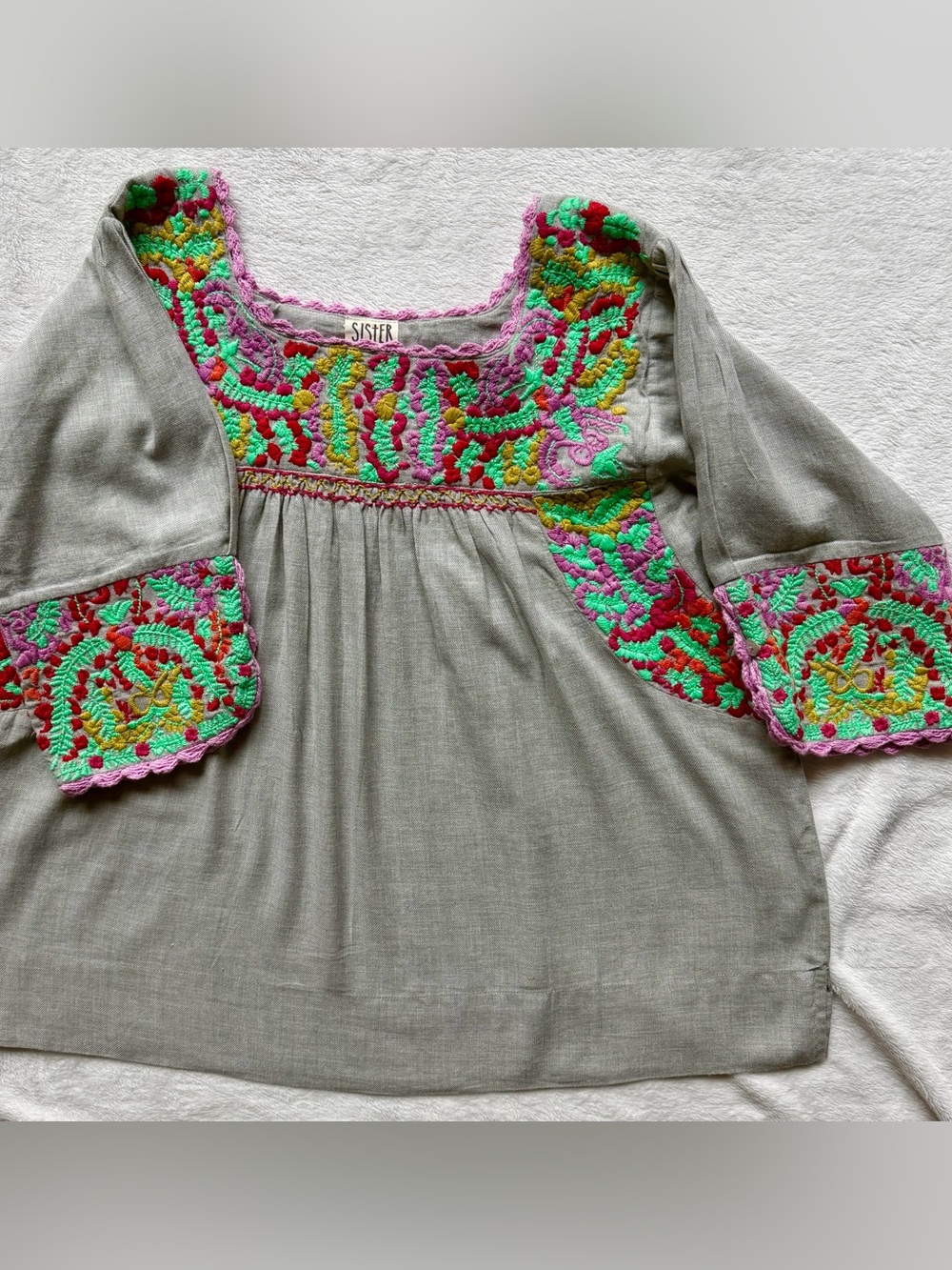 Sister Mary Embroidered Grey  Peasant Top with Colorful Embroidered Details